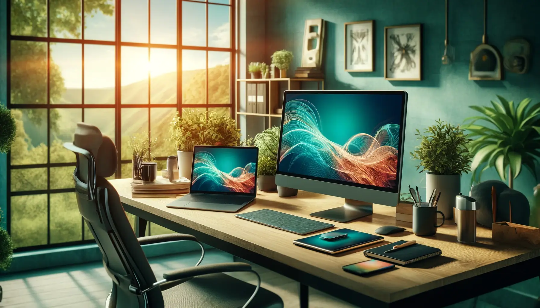 a vibrant, organized workspace with dual monitors, ergonomic chair, and various productivity tools.